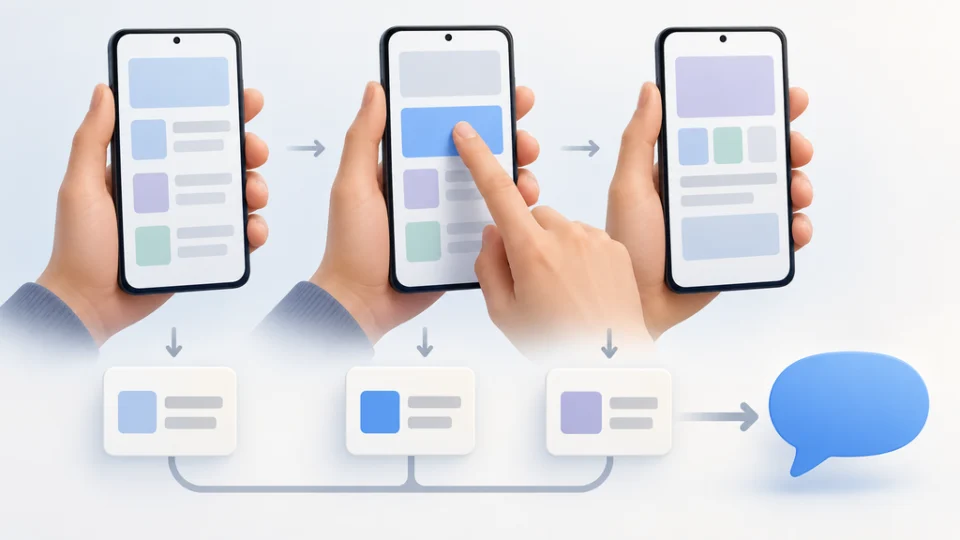 スマートフォンの前後の画面とタップ操作を、画面ごとの要約タイルにまとめ、次段階の小型AIが要約列から意図を抽出する流れを示したイラスト。