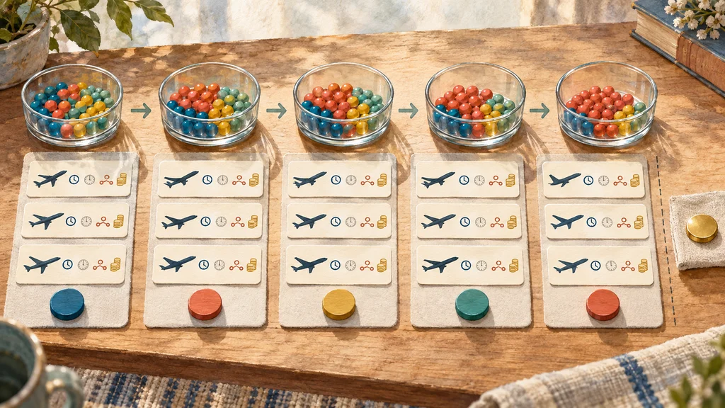5回の推薦ラウンドを左から右へ並べ、各回3枚の航空便カードと選択トークン、その横に選択を受けて色玉の比率が変化する透明な容器を描いたイラスト。