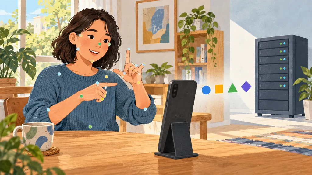 明るい室内で手話をする人物と、身体の位置を示す点が付いたスマートフォン。端末からサーバーへ向かう幾何学形の列が、手話の動きを英語入力へ変換する流れを表す編集イラスト。