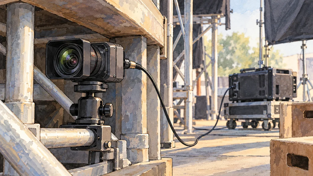映画セットの狭い木製構造の間に置かれた小型カメラヘッドと、離れた大型カメラ本体を細いケーブルでつないだ編集イラスト。