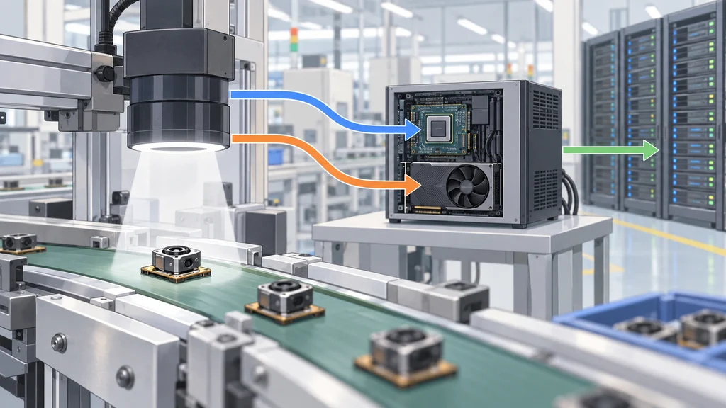 カメラモジュールの生産ラインで、検査画像を内蔵GPUと単体GPUに振り分け、データをサーバーへ送る構成