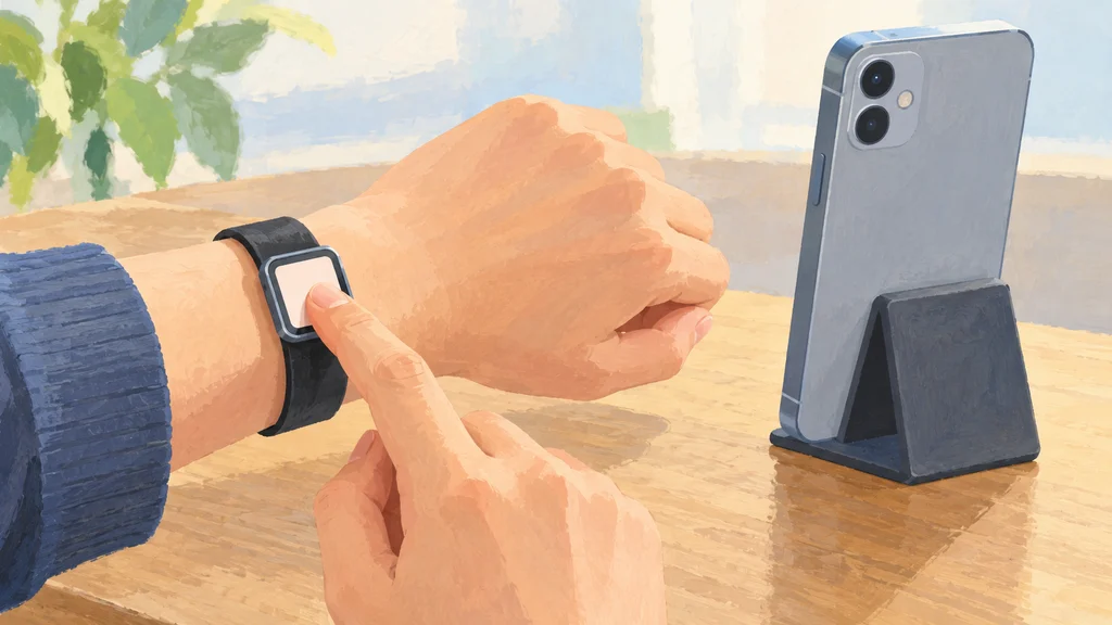 腕のバンドのバックルにある小さな画面を指でタップし、離れたスマートフォンのカメラを操作する様子を描いたイラスト。
