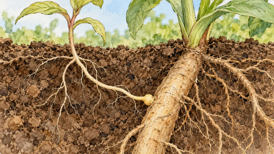土の中で、寄生植物の細い根に小さな膨らみができ、太い宿主の根へ向かう様子を描いた水彩風イラスト。