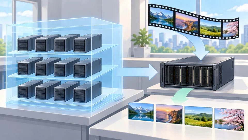 半透明のデジタルツイン内に並ぶ仮想サーバーノードと、動画を解析して検索結果を返す別置きのGPUサーバーを描いた編集イラスト。