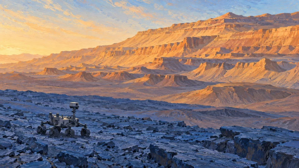 火星の青みを帯びた岩地に立つキュリオシティと、朝日に照らされたシャープ山の風食崖を描いた横長の編集イラスト。