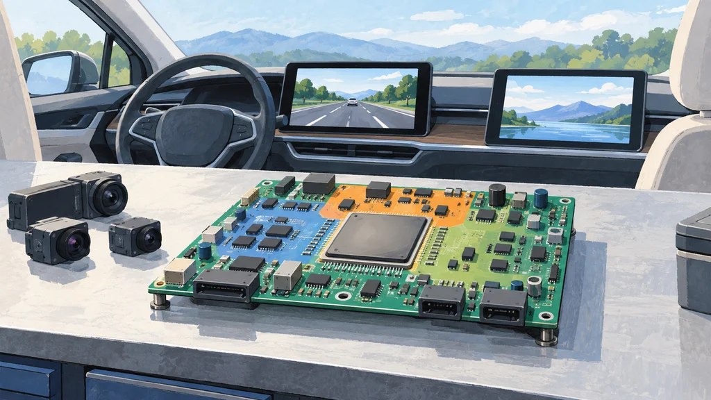 車内の運転支援・娯楽表示とカメラセンサーに囲まれた作業台で、無地のチップを載せた車載評価ボードを示す編集イラスト。
