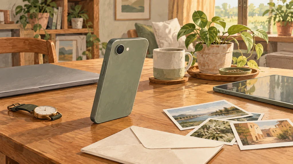 自然光の入る机で、背面カメラを手元の品々に向けたスマートフォンを中心に、封筒や写真、ノートPC、タブレット、腕時計を並べた編集イラスト。