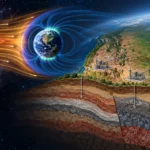 太陽風による地磁気変化と、米国の変電所ごとの地質条件を組み合わせた宇宙天気リスク推定の概念図