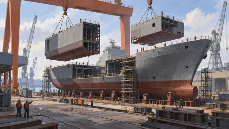 造船所で船体モジュールを組み立てる建造中の補給艦