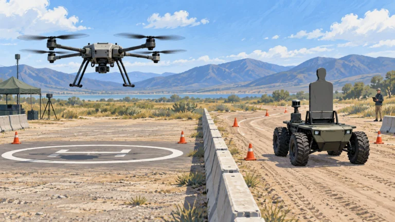 試験区域を飛行する無人航空機と、自律走行するロボットを描いた編集イラスト