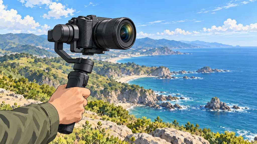 海岸を背景に、一定の長さの広角ズームレンズを付けたカメラが、手持ちジンバルに支えられている編集イラスト。