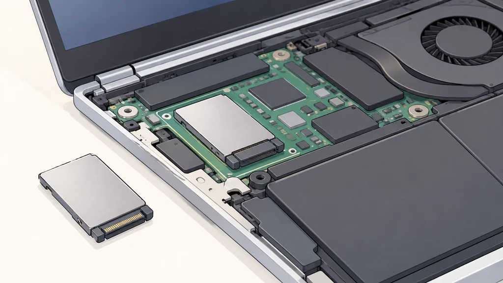 薄型ノートPCの内部基板に接続された小型ストレージモジュールと、取り外して横に置かれた同じ無地のモジュールを描いた編集イラスト。