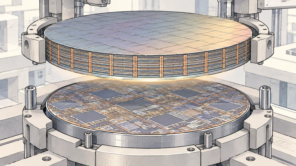 接合装置内で向かい合う2枚の半導体ウエハー。上側は積層した記憶セル、下側はCMOS回路を示し、別々に製造したウエハーを接合する工程を描いている。