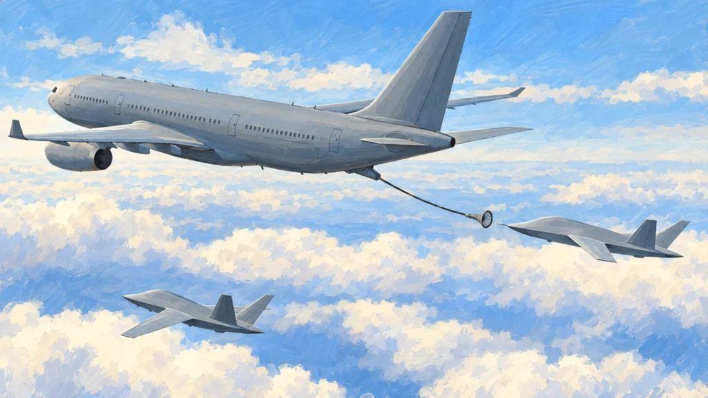 雲の上を飛ぶ空中給油機から伸びたホースとドローグの近くで、2機の無人受油機が間隔を保って飛行する様子を描いたイラスト。