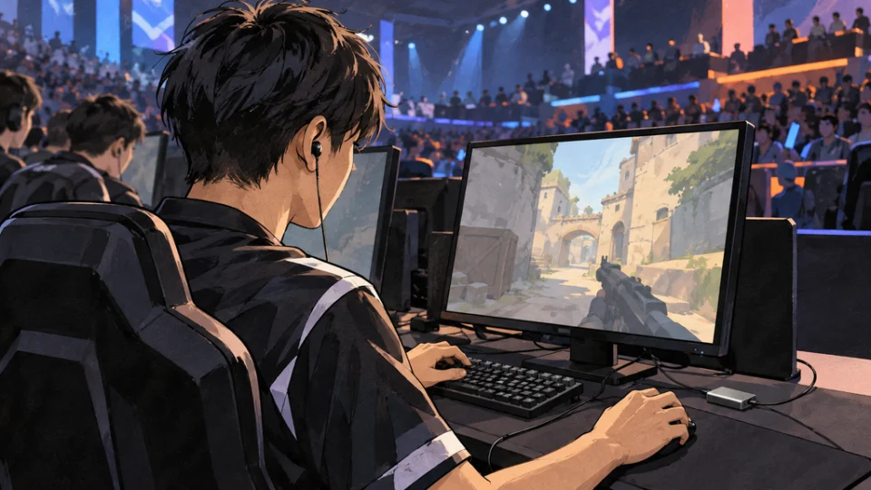 大会会場の席で有線イヤホンを装着し、ゲーム画面に向かうプレイヤー。周囲には観客席や隣の競技席が描かれ、机上のキーボード脇には小型のUSB-Cオーディオアダプターが置かれている。