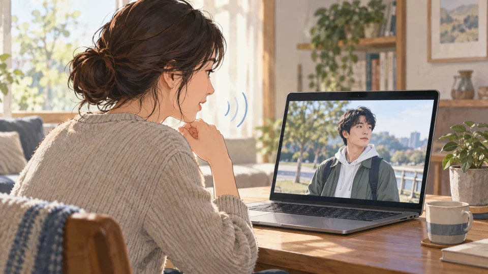 自然光の入る部屋で、視聴者が一時停止した動画の人物の服装について、ノートPCに向かって音声で質問している編集イラスト。