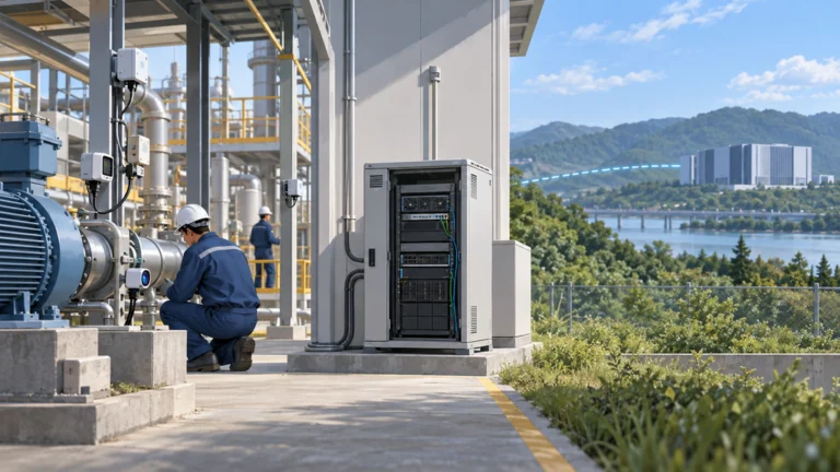 工場設備のデータを近接エッジサーバーで処理し、遠方のデータセンターへ接続する構成を描いたイラスト。