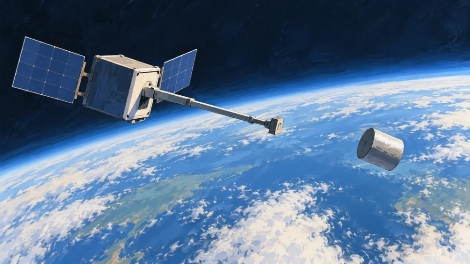 地球を背景に、超小型衛星が軌道上の仮想デブリへ接近し、捕獲機構を対象に触れない距離まで伸ばしている編集イラスト。