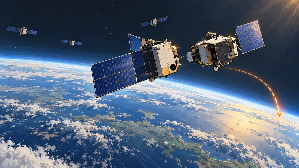 地球の縁を背景に、衛星群の1機へサービス宇宙機が接近し、軌道離脱を目指す計画を描いた編集イラスト。