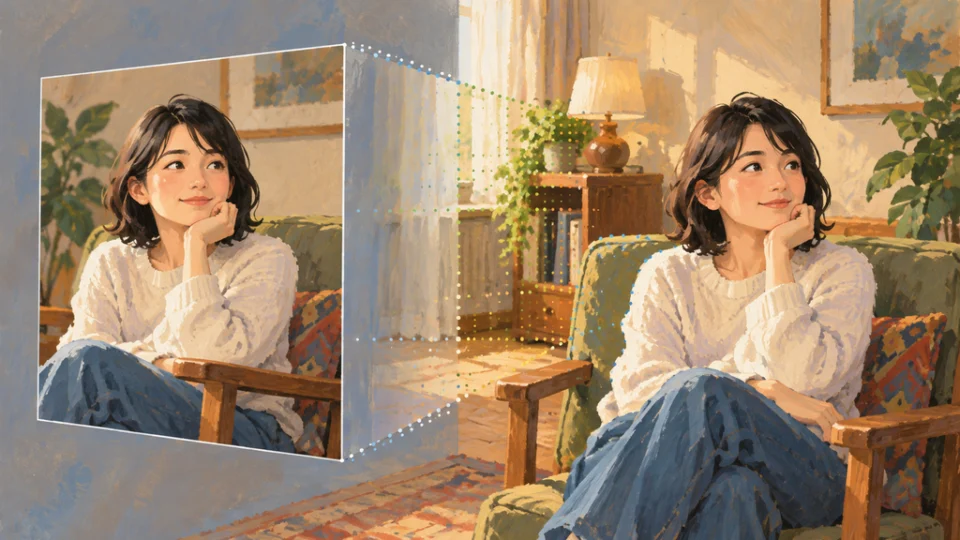 室内で座る人物の肖像が、元の正面視点と横へ移した仮想カメラの視点で描かれ、移動後に見える背景が補われている。人物や室内の表面には奥行き推定を示す点が配置されている。
