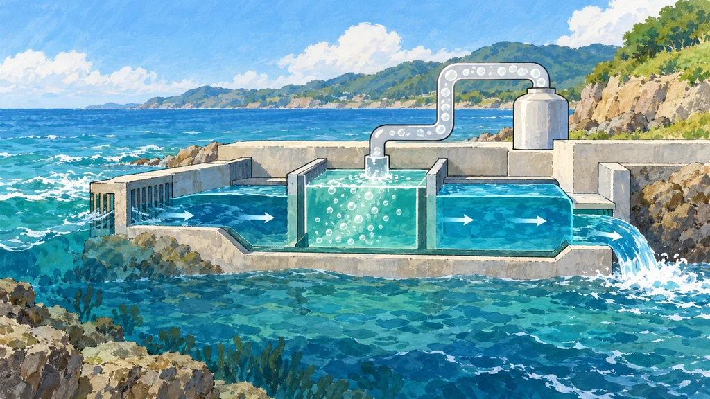 海岸の概念図で、海水が一時的な酸性化処理を通り、CO₂の気泡が別の管へ集まり、中和後の水が海へ戻る流れを示す。