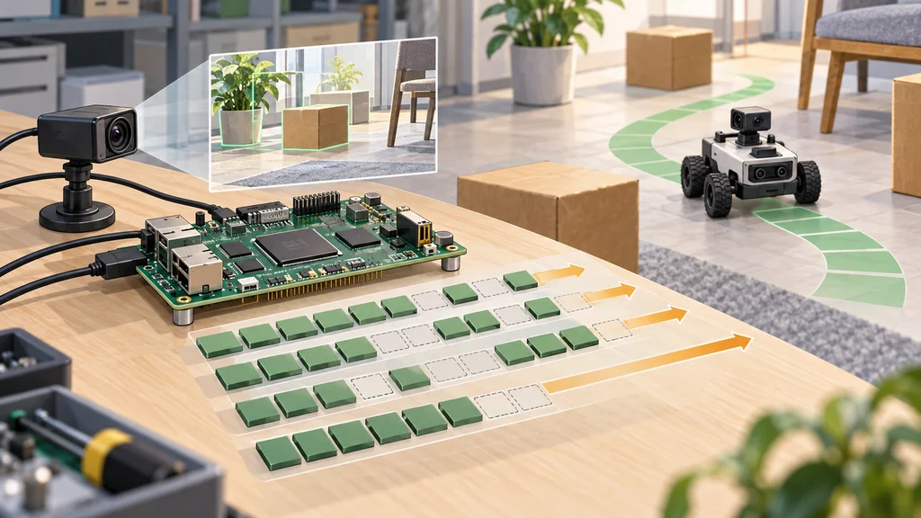 カメラと小型移動ロボットにつながる組み込みAI評価基板の横に、計算を省いたタイルと並列処理の流れを概念的に描いた編集イラスト。