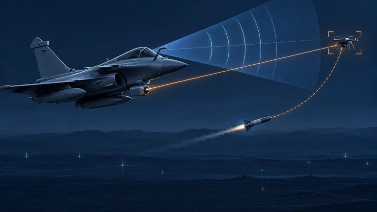 Rafaleのレーダー探知からレーザー照準、誘導ロケットまでを示す対ドローン統合試験の技術イラスト