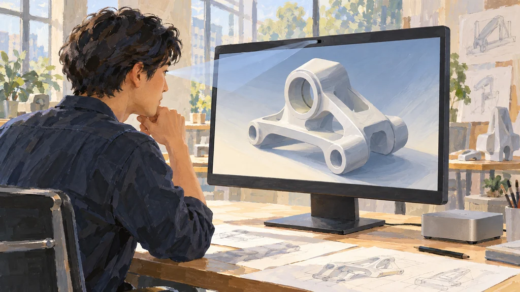 明るいデザイン作業室で、人物が裸眼立体ディスプレイに映る立体的な機械部品のデザインを確認している。画面上部のセンサーと視線を結ぶ淡い光が、ディスプレイ本体による視線認識を示す。