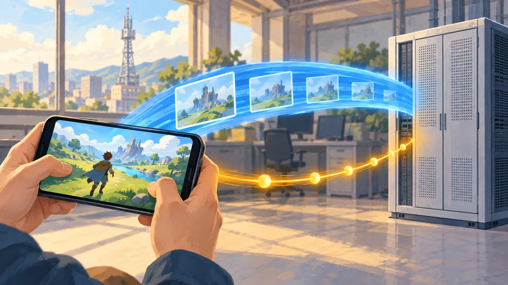 スマートフォン上のゲーム映像を示す青いフレーム列と、操作信号を示す琥珀色のパルスが、別々の経路で5Gコア装置につながるイラスト。