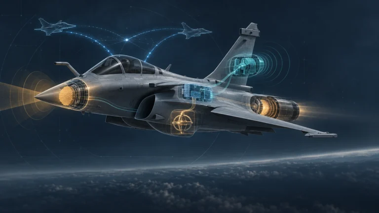 Rafale F5を中心に、レーダー、通信、電子戦、航法、エンジンの更新を光の線で示した技術イラスト