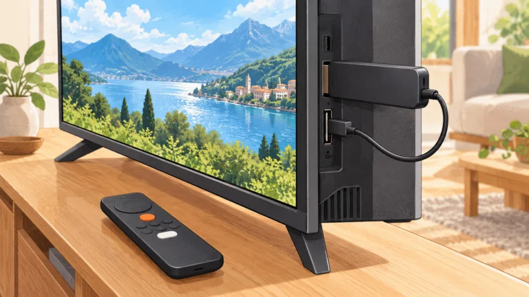 テレビのUSBポートから給電し、HDMIで接続する4Kストリーミングスティックと付属リモコン