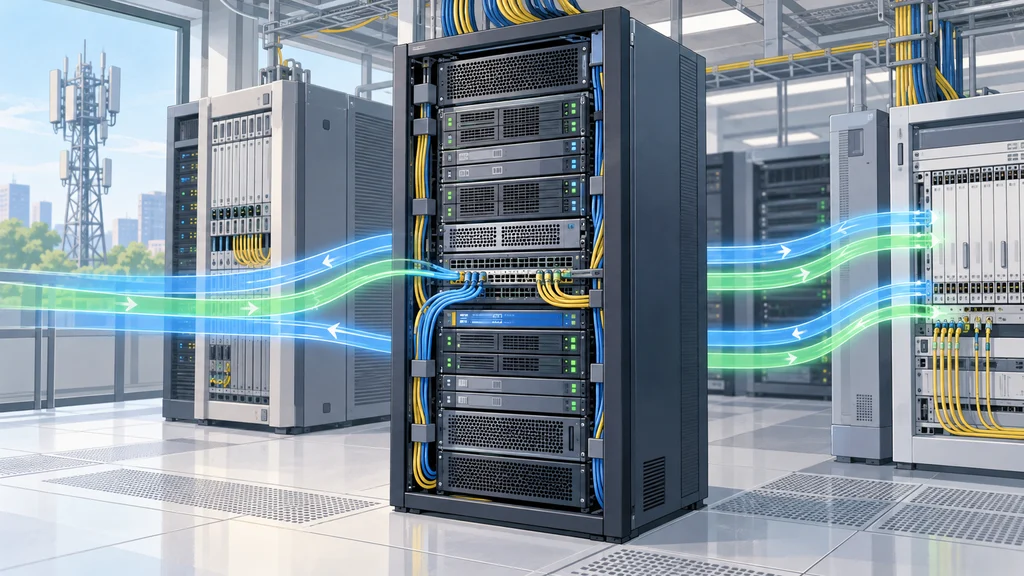 通信事業者のネットワーク設備内で、汎用サーバーラックに5Gのデータ流が出入りする様子を描いた編集イラスト。