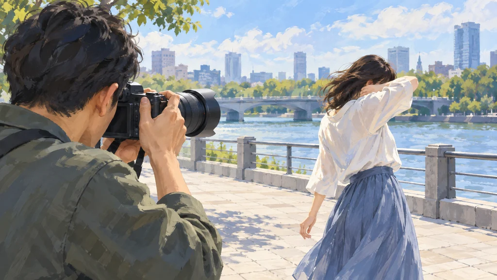 屋外で、顔を腕と肩で隠して振り返る人物に向け、撮影者がミラーレスカメラを構えて追尾している編集イラスト。