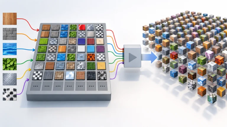 GPUディスクリプタヒープとシェーダー参照を介して、異なる面テクスチャの立方体群を描画する概念図
