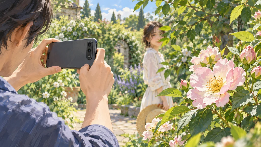 手前の花と葉に一部隠れた人物を、スマートフォンで撮影する場面を描いた庭園の編集イラスト。