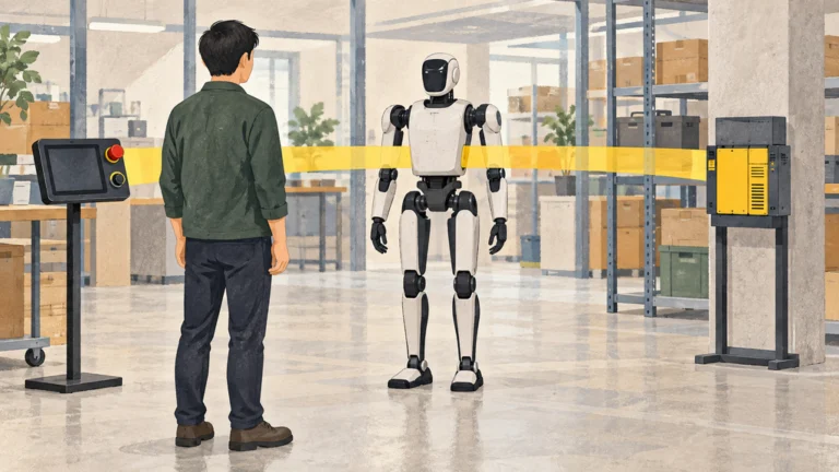 作業者の前に立つ人型ロボットを中心に、安全用タブレットと外部安全制御器を黄色い帯状の図解で結んだ倉庫内の編集イラスト