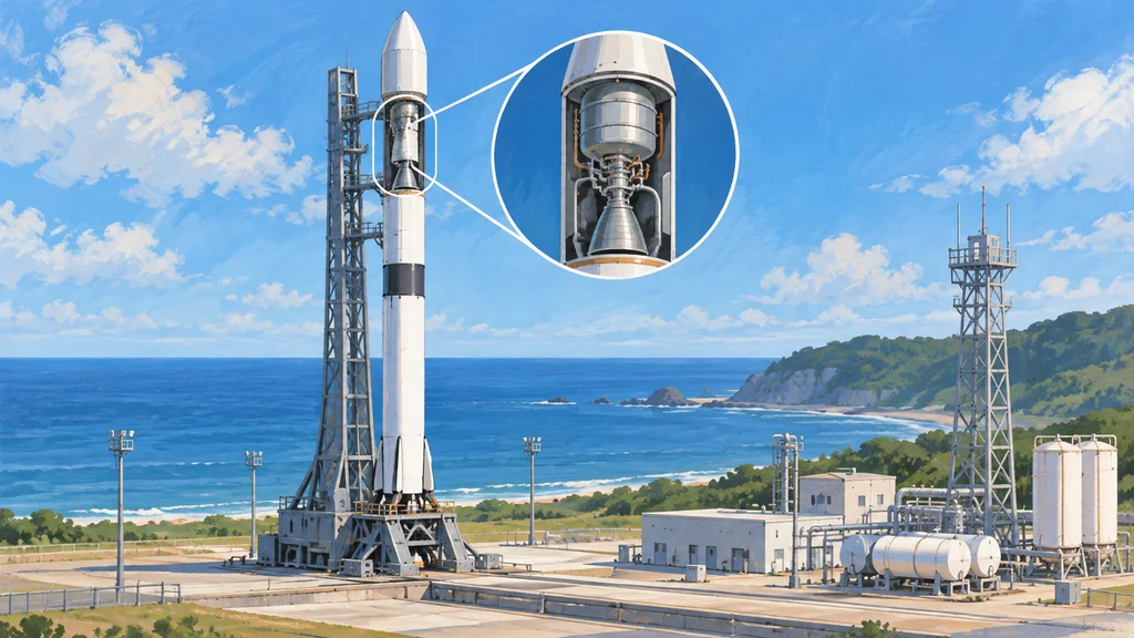 射場設備のそばに立つ小型ロケットと、メタンエンジンを含む上段を模式的に示した編集イラスト。
