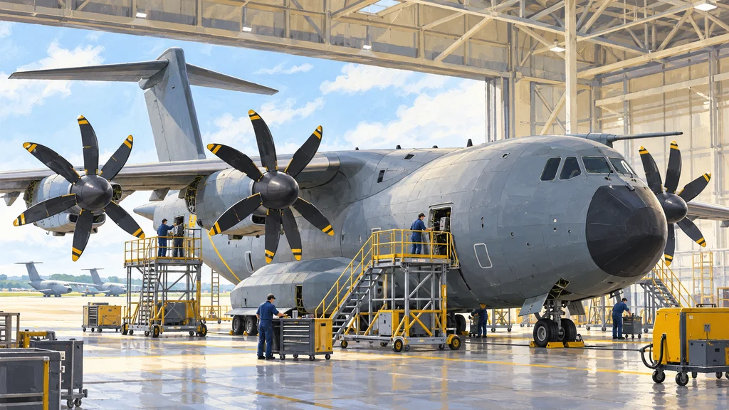 明るい格納庫で整備用足場を使い、作業員が整備するA400M Atlas輸送機。継続的な整備支援を描いた編集イラスト。