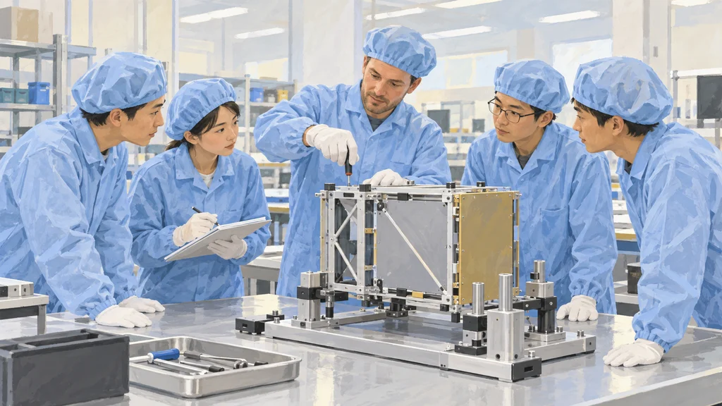 明るい衛星製造作業エリアで、5人の技術者が治具に固定された簡素な衛星構造を囲み、組立手順を実習している編集イラスト。