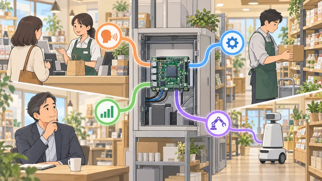 店舗設備内の単一SoCを中心に、接客・店舗運営・店舗分析の3つのAIエージェントとロボット制御のつながりを示す編集イラスト