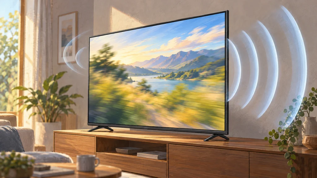 明るい居室に置かれた液晶テレビ。画面のフレームから前方へ半透明の音波が広がり、画面には一部が鮮明な風景映像が映っている。