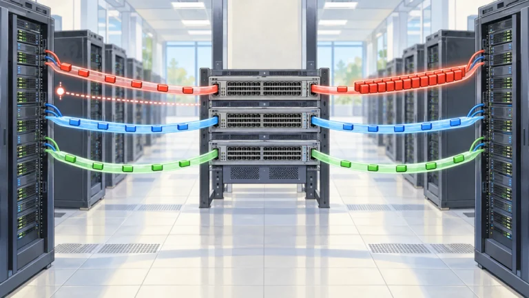 GPUサーバー間のEthernetスイッチで、混雑した経路のキューを避けてパケットが別経路へ流れる様子。