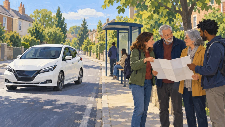 ケンブリッジの街路を走る白い電気自動車と、バス停のそばで折りたたんだ地図を囲み、地域の移動サービスについて話し合う住民と研究者を描いた編集イラスト。