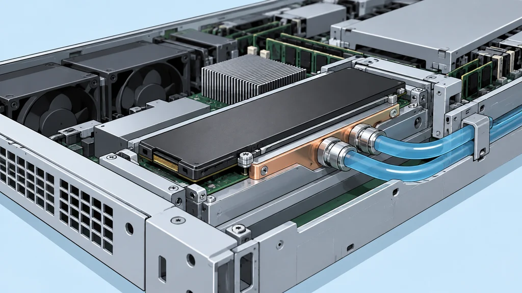 データセンターのサーバートレイに装着された薄型SSDと、SSDに接して冷却するコールドプレート、そこへつながる冷却管を描いた編集イラスト。