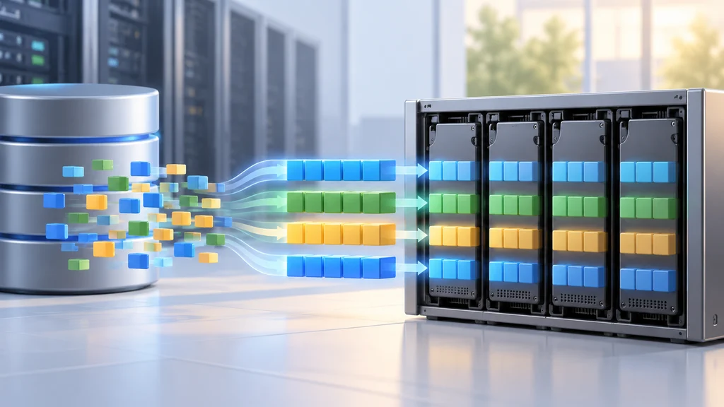 データベースから届く散在したデータ片がまとまった色別の列に整えられ、4台のSSDを収めたストレージ装置へ順次書き込まれていく様子。