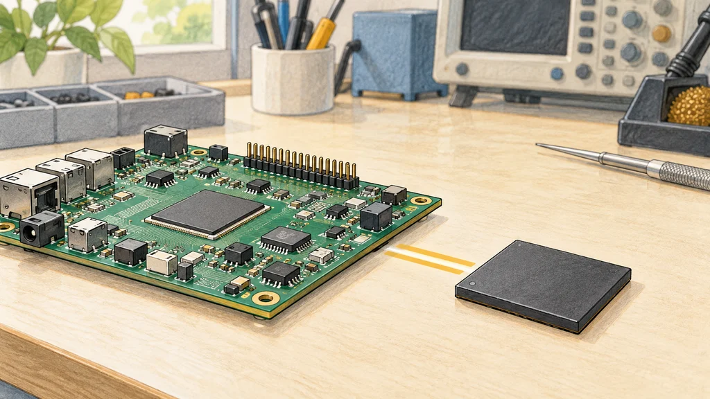 明るい作業台の上で、緑色のホスト開発ボードと無地のメモリーパッケージが、2本の線で結ばれている編集イラスト。