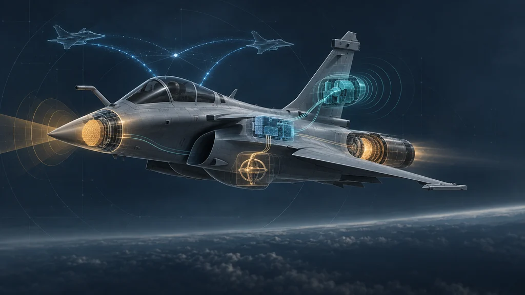 Rafale F5を中心に、レーダー、通信、電子戦、航法、エンジンの更新を光の線で示した技術イラスト