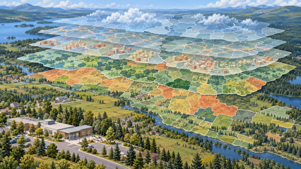 米加国境付近の地域区画に道路や建物、雲と雨の地理情報レイヤーが重なり、手前に地域保健施設を配した編集イラスト。