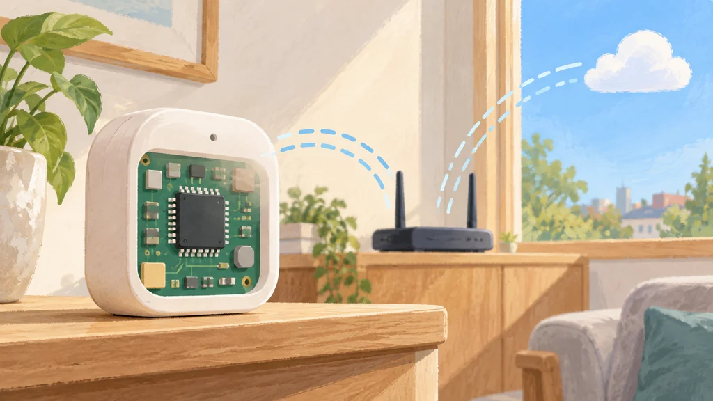窓辺の棚に置かれたIoTセンサーの模式的な断面に、単一の制御チップと周辺部品が描かれ、無線の弧がルーターと雲形の接続先を結んでいる。