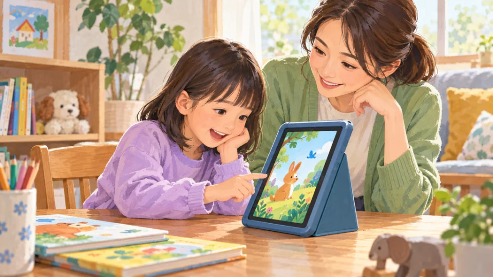 保護カバーで縦置きしたタブレットを子どもが使い、隣で保護者が見守る様子。画面には文字のない絵本風の絵が表示されている。
